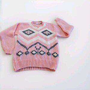 Gad-Abouts Sweater Women L Pink Gray White LS Crewneck Tribal Handknit Y2K VTG